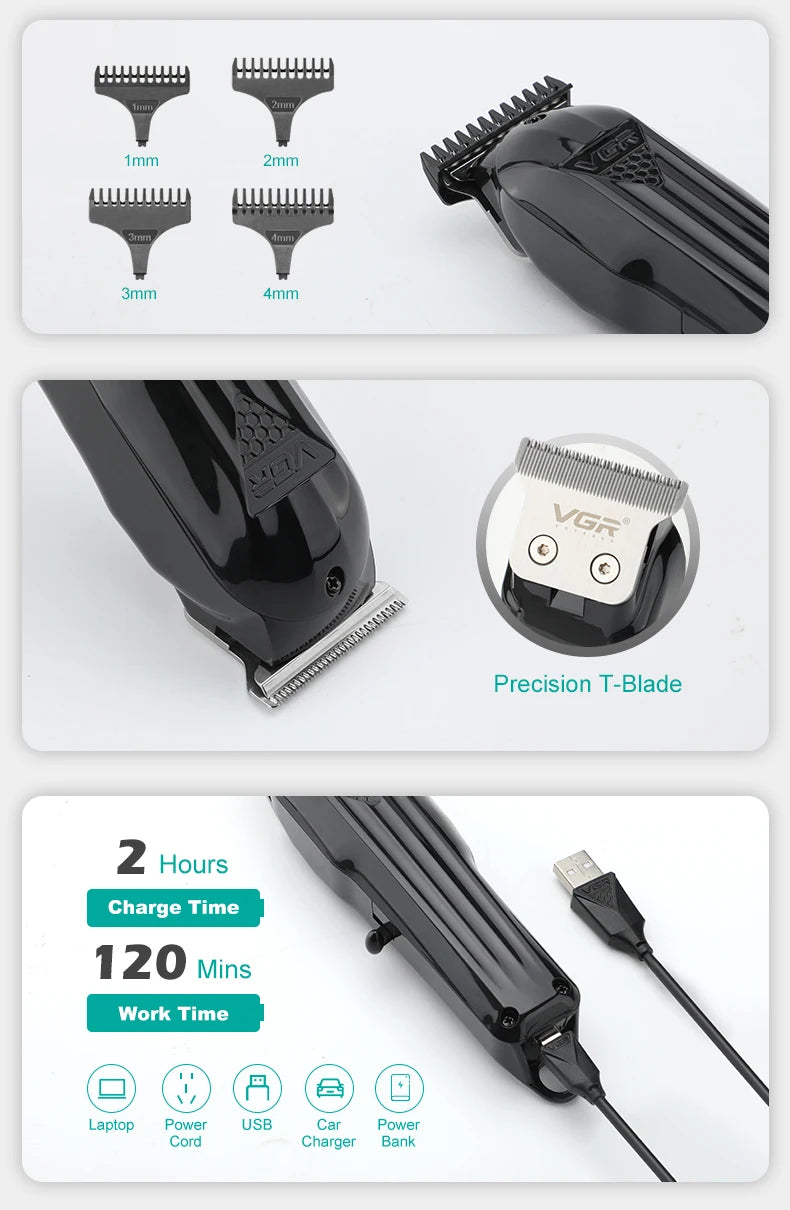 VGR Hair Trimmer Professional Hair Clipper Electric T-Blade Hair Cutting Machine 0mm LED Display Barber Trimmer for Men V-982