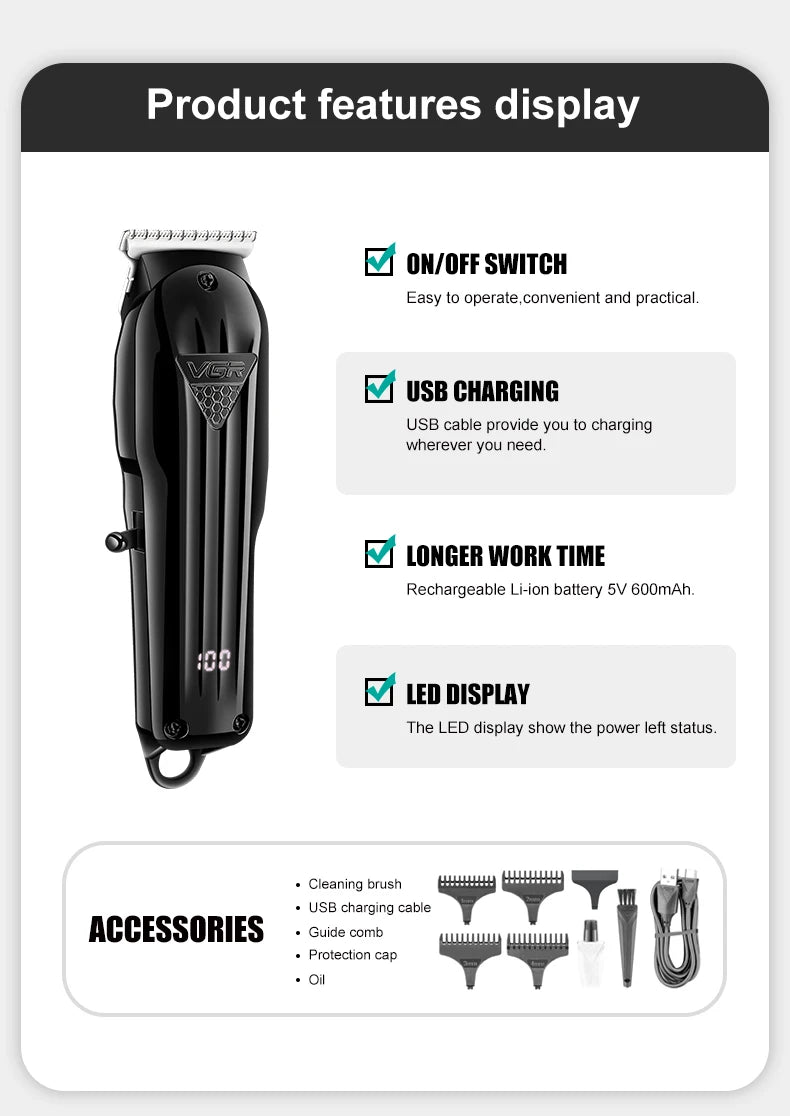 VGR Hair Trimmer Professional Hair Clipper Electric T-Blade Hair Cutting Machine 0mm LED Display Barber Trimmer for Men V-982
